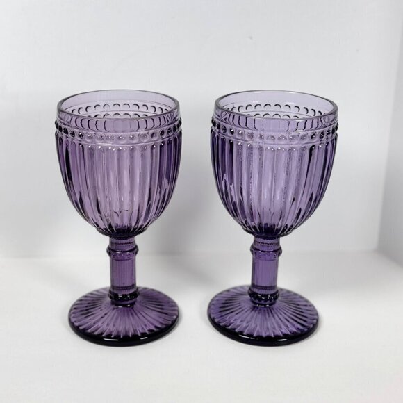 VTG Rosanna Wine Glasses 8 OZ Purple Mouth-Blown Thick Glass Fancy  2PCs - Picture 5 of 7